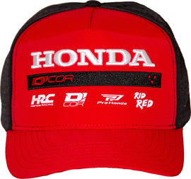 Red DCOR Honda Factory2 snap-back cap with adjustable strap and embroidered logo, shown on a plain background.