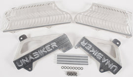 Unabiker radiator guard in natural finish, designed for motorcycle cooling system protection, shown in close-up view.