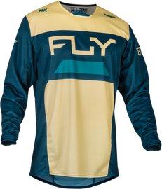 Fly Racing Kinetic Reload motocross jersey in ivory, navy, and cobalt colors, featuring lightweight, breathable fabric and bold design.