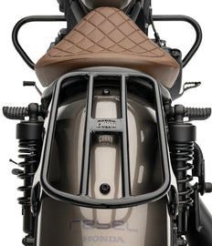 Black Cobra Solo Luggage Rack Tube for Rebel 300/500 motorcycles, durable metal with a sleek design.