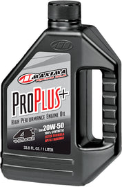 Maxima Proplus 4T 20W50 motorcycle oil bottle, 1 liter, with label showing product details and brand logo.