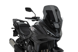PUIG touring dark smoke windscreen for motorcycle, featuring sleek tinted design and mounting hardware.