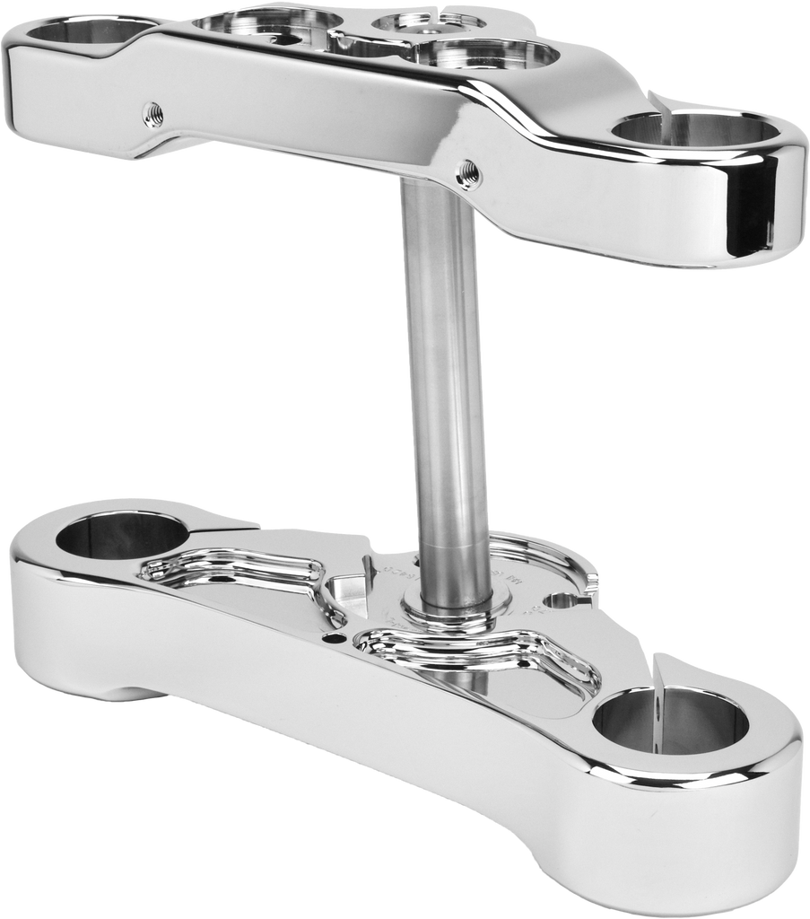 Hawg Halters Inc 4 Degree Raked Triple Trees for steering, chrome finish, 49mm fork tubes, model FXBR 750-04205.