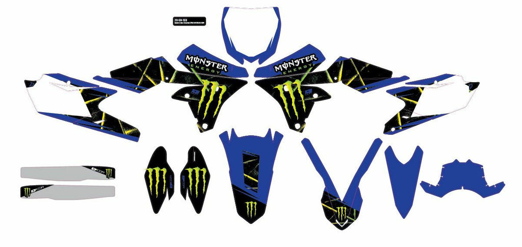 DCOR off-road motorcycle complete kit with Monster Energy slash design in white background, featuring various components and branding.