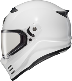SCORPION EXO Covert Fx full face helmet in glossy white, showing the sleek design and ventilation features.