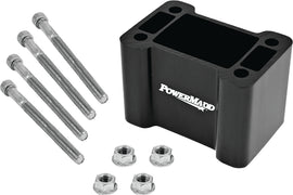 Powermadd Non-Pivot Riser Block 2-inch for motorcycle handlebars, shown in black with mounting hardware.