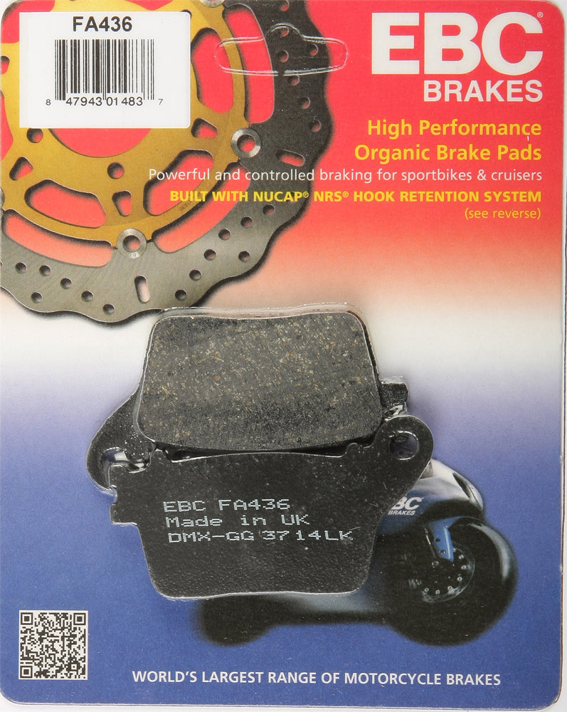 EBC Motorcycle Brakes Brake Pads 15-436 showing metallic and friction material for motorcycle braking system.