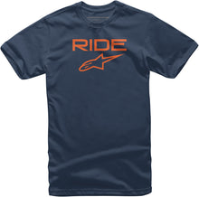 Load image into Gallery viewer, Alpine Star Ride 2.0 Navy and Orange T-shirt displayed on a hanger, featuring the brand logo and casual fit.