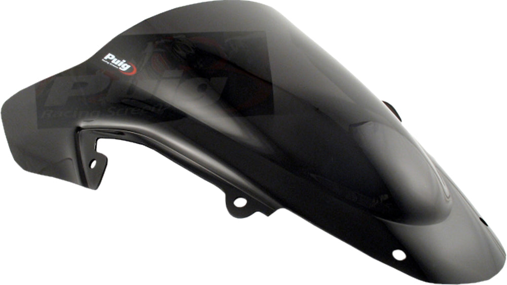 PUIG Racing Dark Smoke Windscreen for motorcycle, tinted windshield with aerodynamic design and branded logo, mounted on bike.