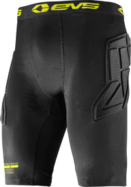 Black EVS padded shorts with adjustable straps, designed for comfort and protection during active sports or motocross.