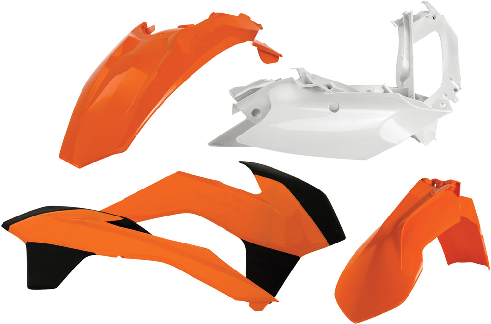 Acerbis orange plastic kit with various black and orange motorcycle body panels and components laid out on a flat surface.
