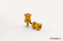 Load image into Gallery viewer, PUIG Swingarm Spools Hi-Tech 6mm Gold body accessories for motorcycles, shown mounted on bike swingarm in image.