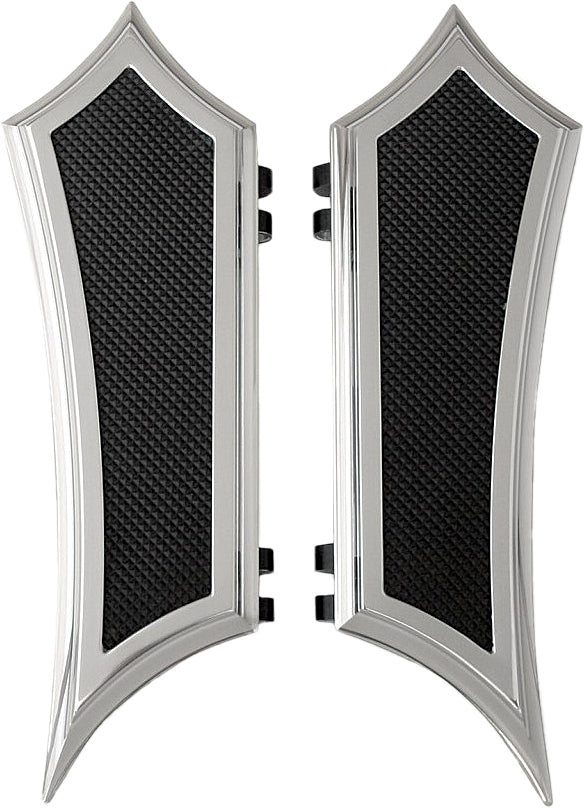 Chrome Accutronix Instigator Floorboards for motorcycle foot controls, with detailed textured surface and mounting hardware visible.