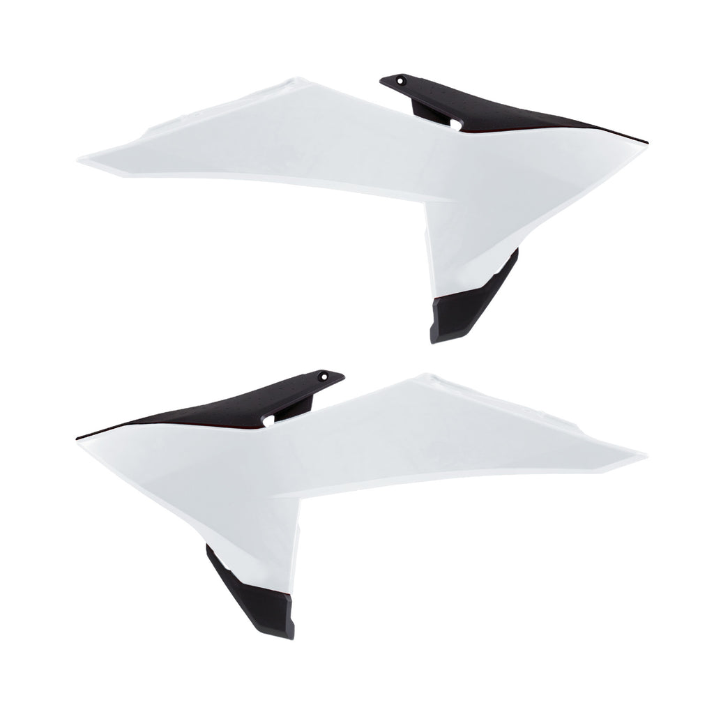 Polisport Plastics radiator scoops in white and black for motorcycle radiators, part number 64-85062, shown on a vehicle.