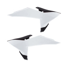 Load image into Gallery viewer, Polisport Plastics radiator scoops in white and black for motorcycle radiators, part number 64-85062, shown on a vehicle.