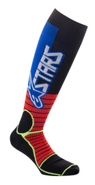 Alpine Star MX Pro Socks in Burnt Red, Yellow Fluo, and Blue, medium size, with colorful motocross gear design.