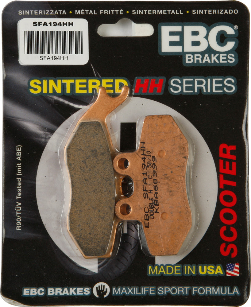 EBC Motorcycle Brakes Sfa194hh Double-H Sintered Brake Pads showing the metallic brake pad with branding and mounting holes.