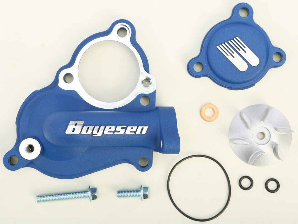 Boyesen street waterpump cover and impeller kit in blue, compatible with 59-8617L model, featuring detailed engine parts.