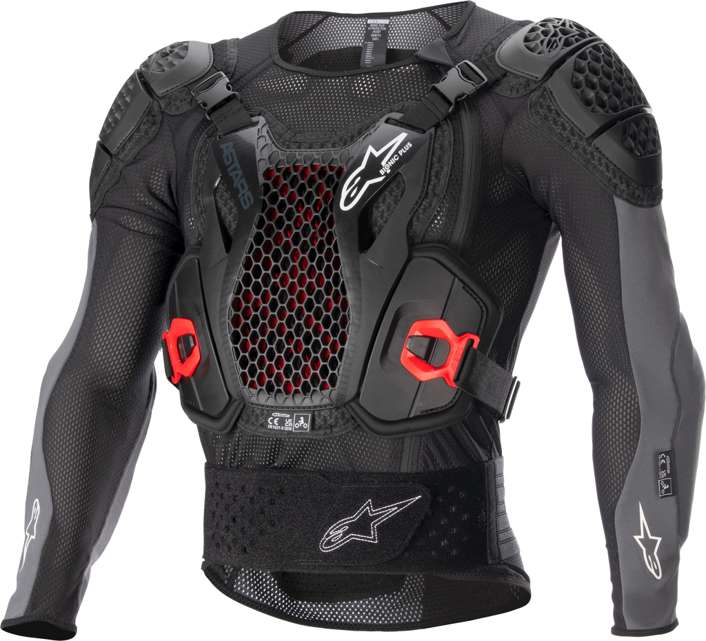Alpine Star Bionic Plus V2 Protection Jacket in black, anthracite, and red with visible armor padding and adjustable straps.