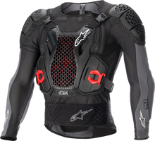 Load image into Gallery viewer, Alpine Star Bionic Plus V2 Protection Jacket in black, anthracite, and red with visible armor padding and adjustable straps.