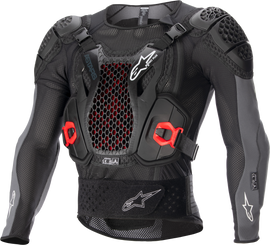 Alpine Star Bionic Plus V2 Protection Jacket in black, anthracite, and red with visible armor padding and adjustable straps.