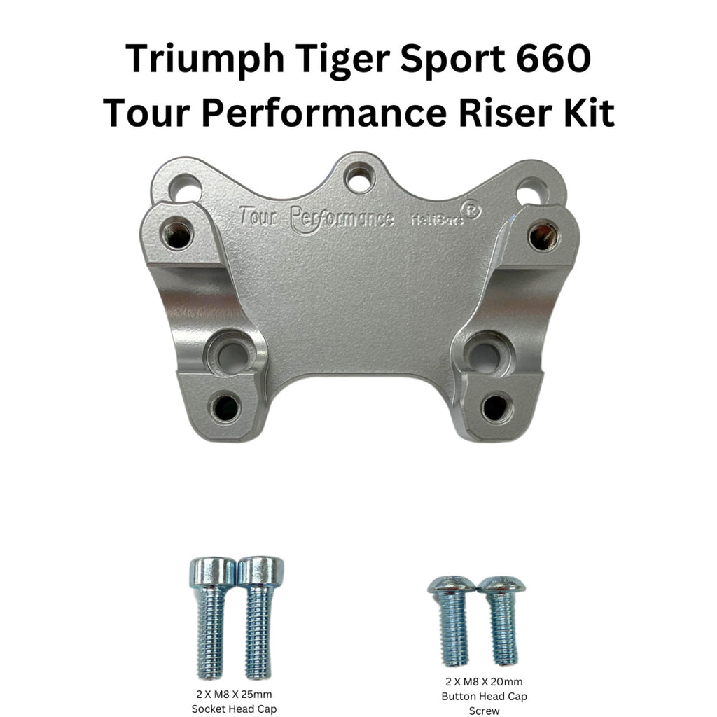 Silver HeliBars handlebar risers with RAM ball mount for motorcycles, shown installed on handlebars.