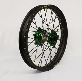 Pro-Wheel rear street bike wheel with black rim, green hub, black spokes, and gold nipples, 1.85x19 size.