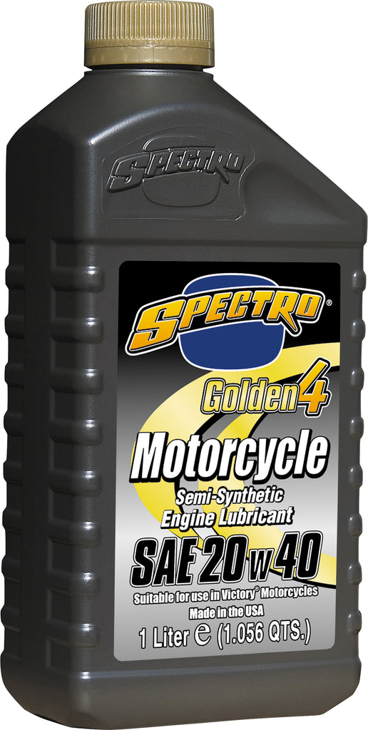 Spectro Golden M/C Semi-Syn Oil 4T 20W-40 liter bottle, motorcycle engine oil in a clear plastic container