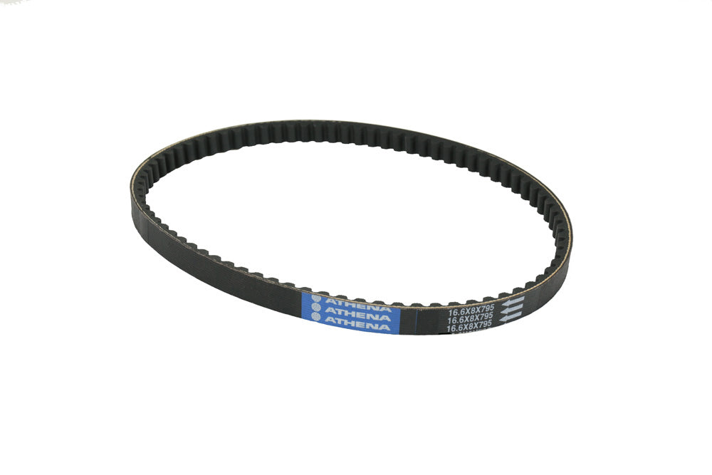 Athena Drive Belt 16.6x8x795, a durable rubber belt with detailed branding and technical specifications, designed for machinery.