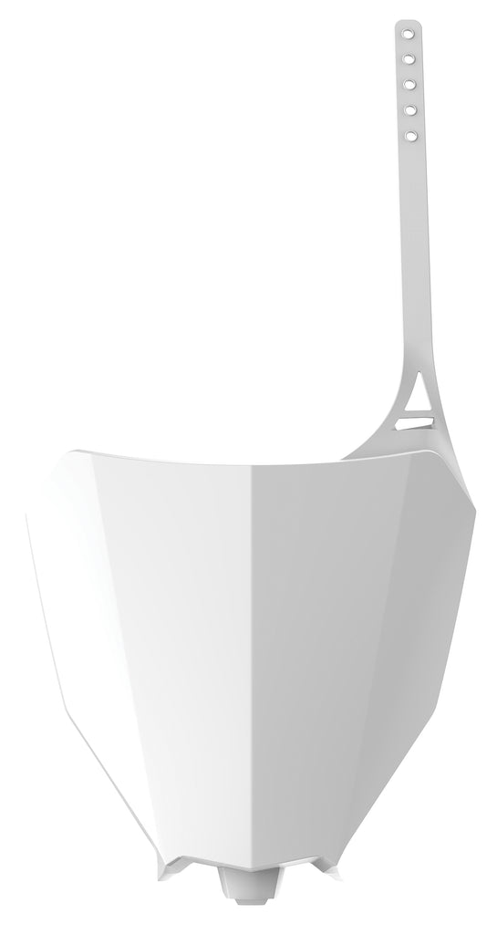 Polisport Plastics front number plate in white, body part for motorcycle or bike, with mounting holes and sleek design.