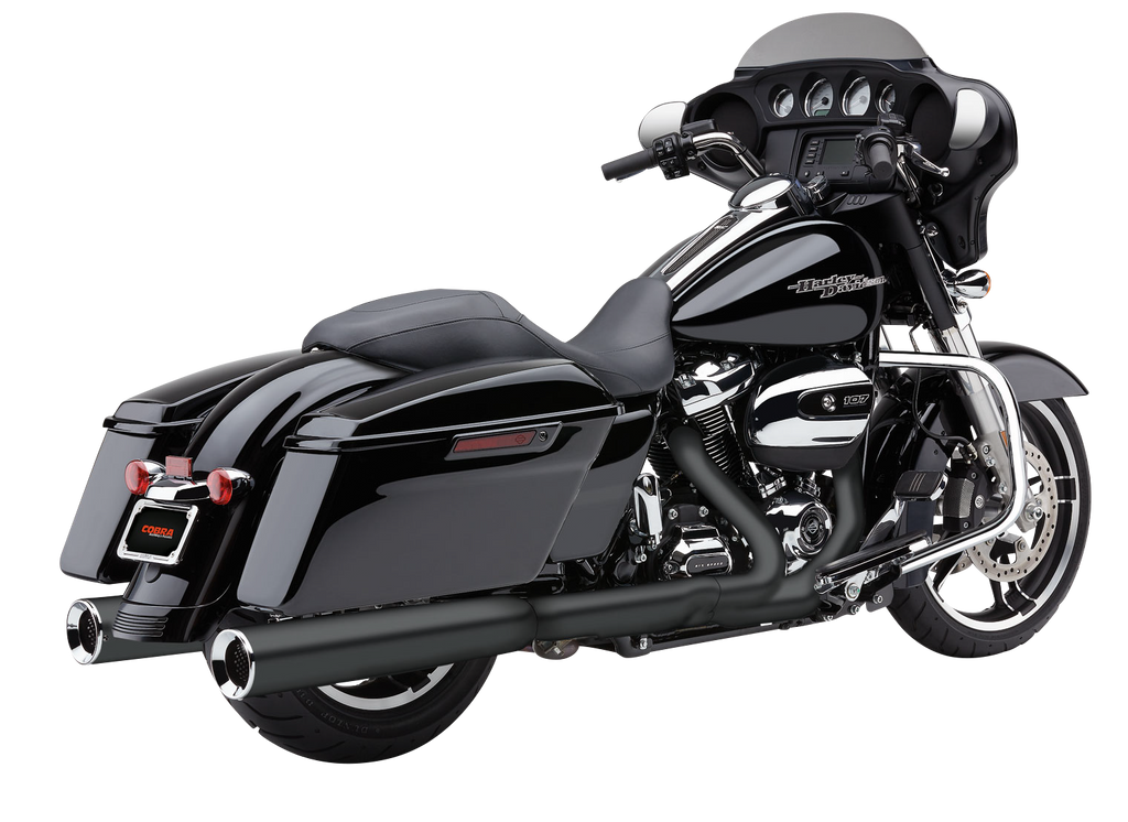 Cobra 4.5-inch Powrflo round slip-on exhaust in black for Harley FLH/Flt models 2017-2025, shown on motorcycle.