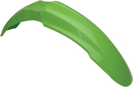 Acerbis green front fender for motorcycle with aerodynamic design and mounting points, shown on a white background.