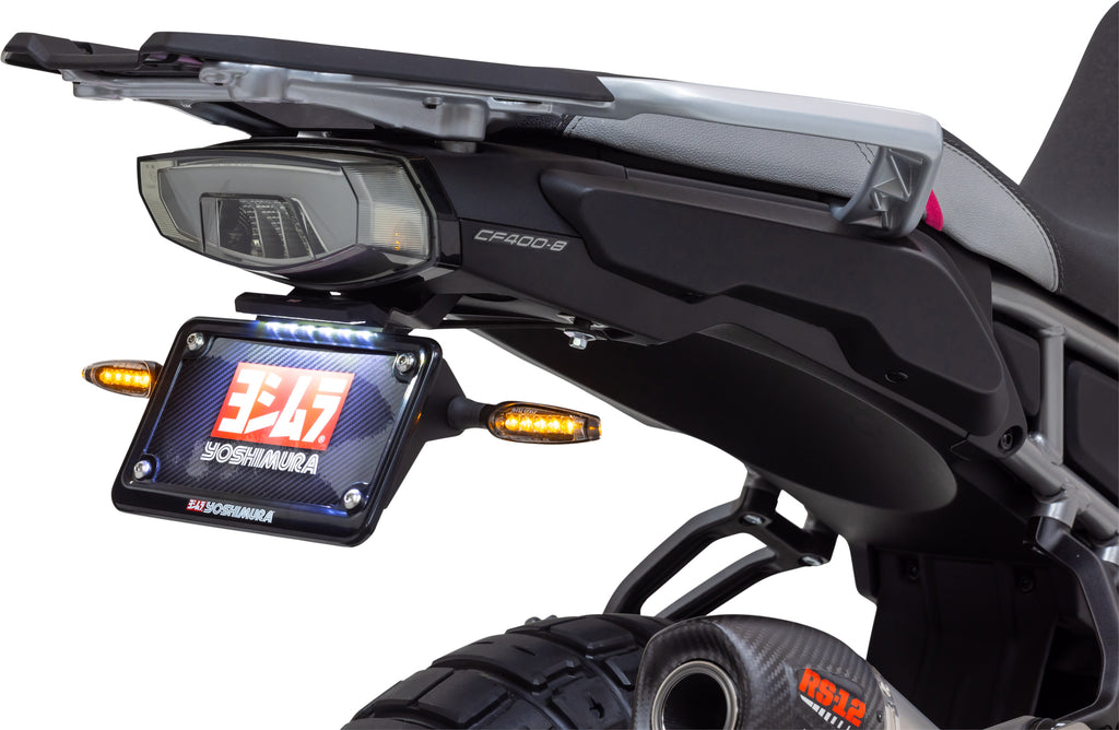 Yoshimura Fender Eliminator for CF Moto 960-9555, stainless steel body with sleek design and mounting hardware on a motorcycle.