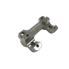 Silver HeliBars handlebar risers for Yamaha motorcycle, showing the risers attached to the handlebars in a close-up view.
