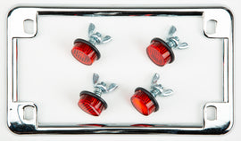 Chrome license plate frame with four red reflectors from Chris Products, designed for vehicle body decoration.