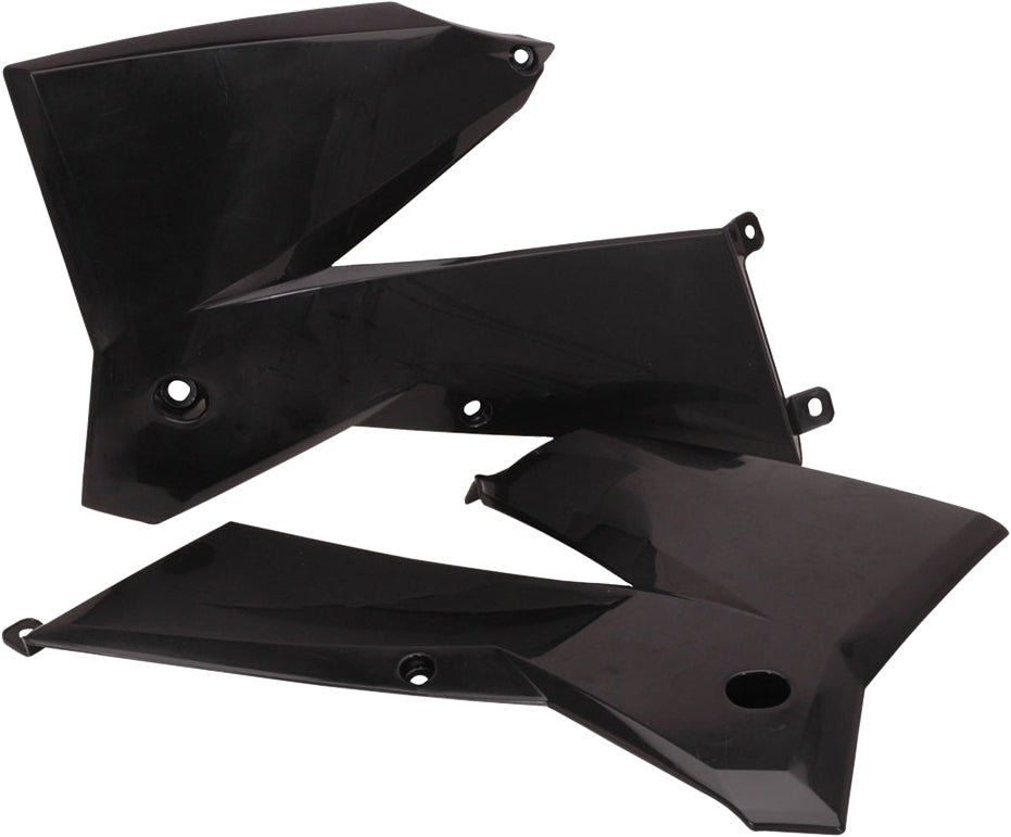 Black Acerbis radiator shrouds for off-road motorcycles, featuring sleek design and durable plastic construction.