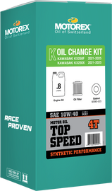 Motorex Top Speed Oil Change Kit 0.80l 10w/40 for Kawasaki motorbikes, includes oil and chemicals for engine maintenance.