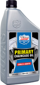 LUCAS Primary Chaincase Oil 1 Qt bottle, automotive chemical product for motorcycle or bike chain maintenance.