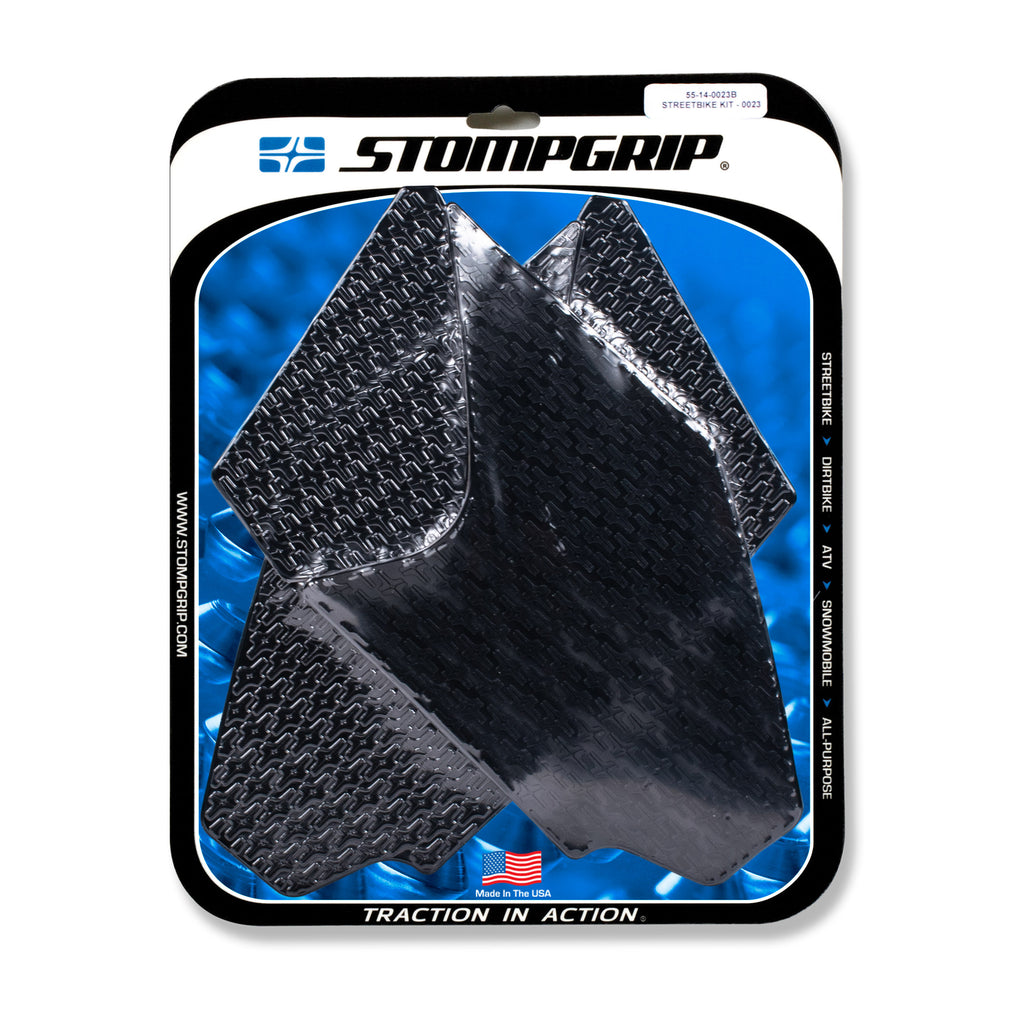 Stompgrip Tank Pad Kit Icon Black for motorcycle body protection, featuring black textured rubber design on a motorcycle tank.