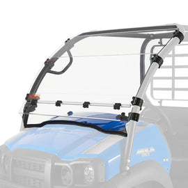Kolpin full fixed poly front windshield for Kawasaki street vehicle, clear wind deflector with mounting hardware visible.