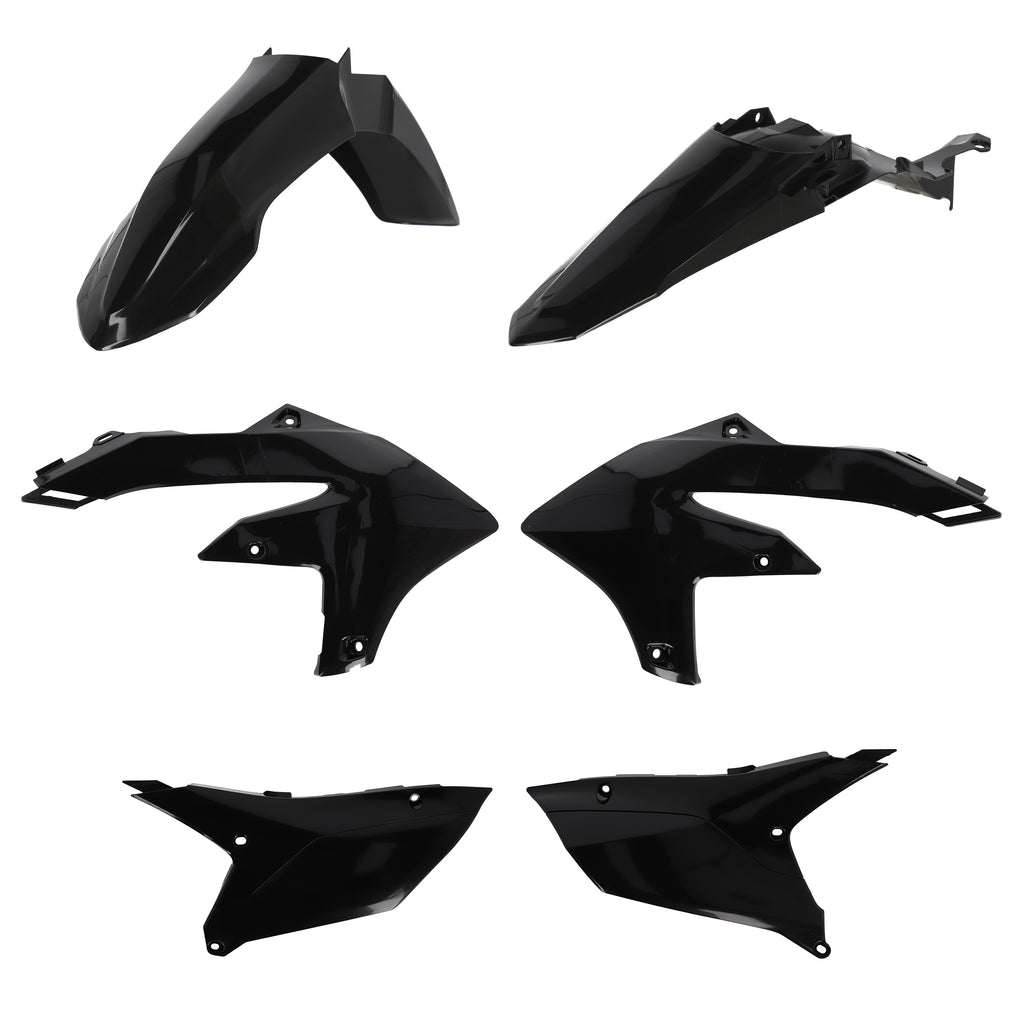 Acerbis black plastic body kit for Yamaha motorcycle, including various panels and covers, designed for durability and fit.