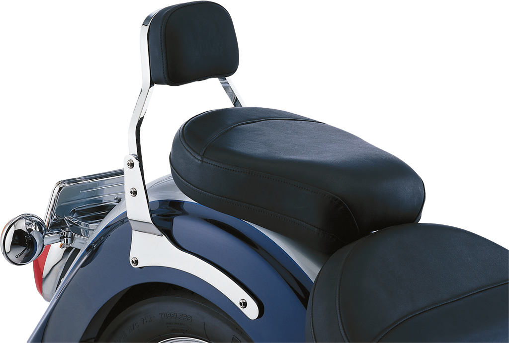 Chrome Cobra Mini Sissy Bar with pad for Yamaha Warrior 2004-2010 motorcycle, body-mounted with padded support.