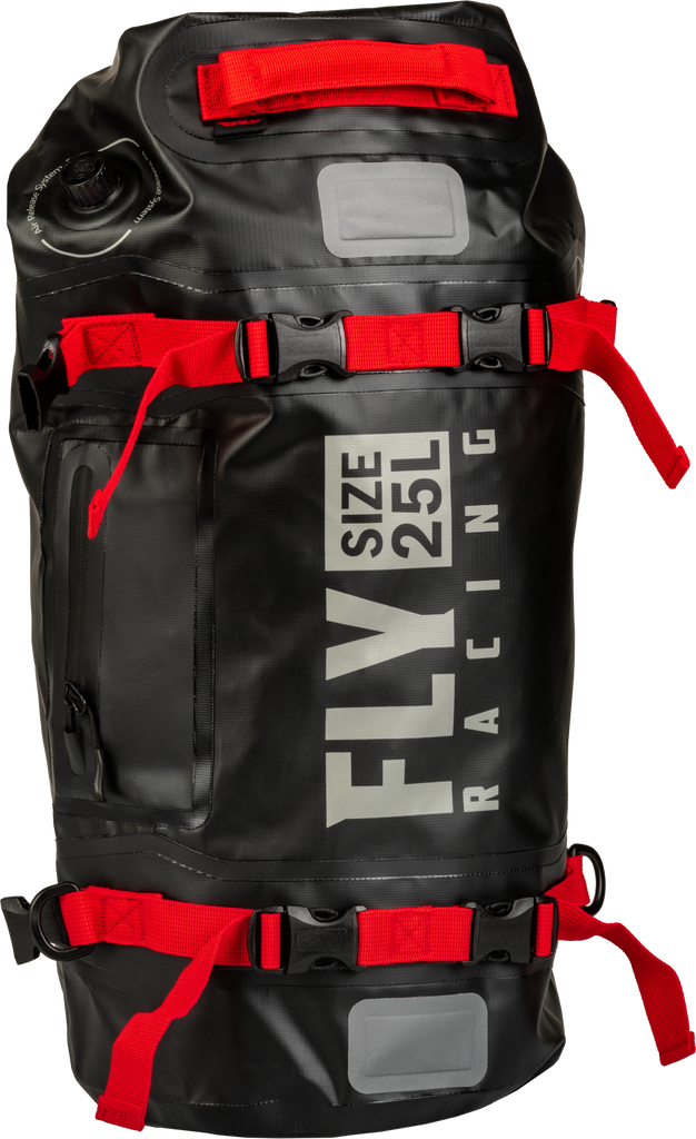 Fly Racing Roamer 25L dry bag in black, durable luggage with waterproof design and adjustable straps for outdoor adventures.