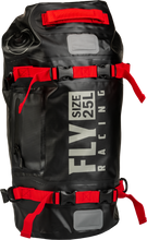 Load image into Gallery viewer, Fly Racing Roamer 25L dry bag in black, durable luggage with waterproof design and adjustable straps for outdoor adventures.