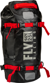 Fly Racing Roamer 25L dry bag in black, durable luggage with waterproof design and adjustable straps for outdoor adventures.