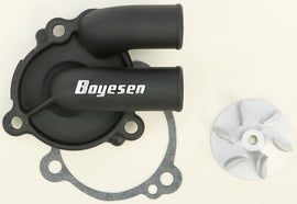 Boyesen black water pump cover and impeller kit for motorcycles, featuring durable construction and precise fit.
