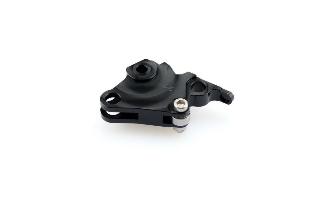 Black PUIG lever adapter brake for motorcycle, showcasing the sleek, durable design with mounting hardware attached.