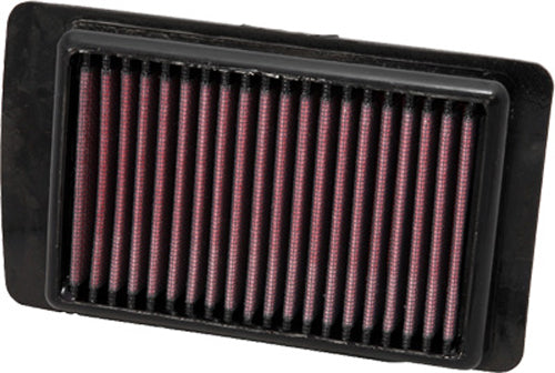 K&N PL-1608 air filter showing a rectangular filter with a black rubber frame and pleated cotton filter media for vehicle airflow.