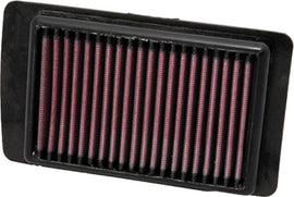 K&N PL-1608 air filter showing a rectangular filter with a black rubber frame and pleated cotton filter media for vehicle airflow.
