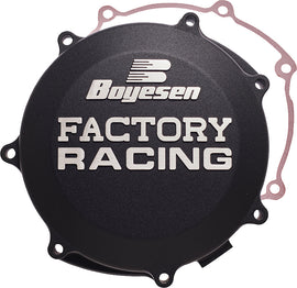 Boyesen Factory Racing Clutch Cover for engine, black metal with branding, designed for high-performance motorcycle clutch protection.